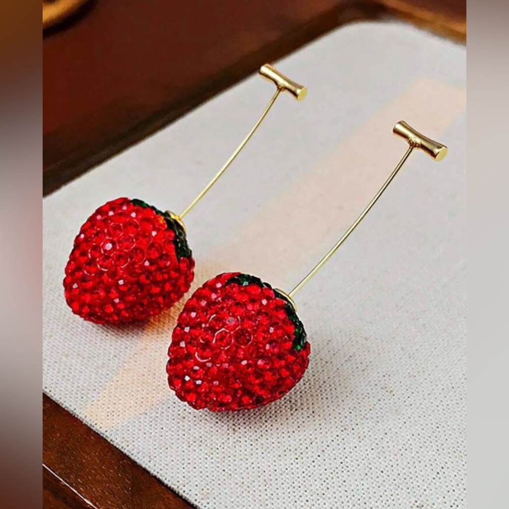 New Free People Strawberry And Stem Fruit Threader Dangle Earrings - Picture 2 of 15
